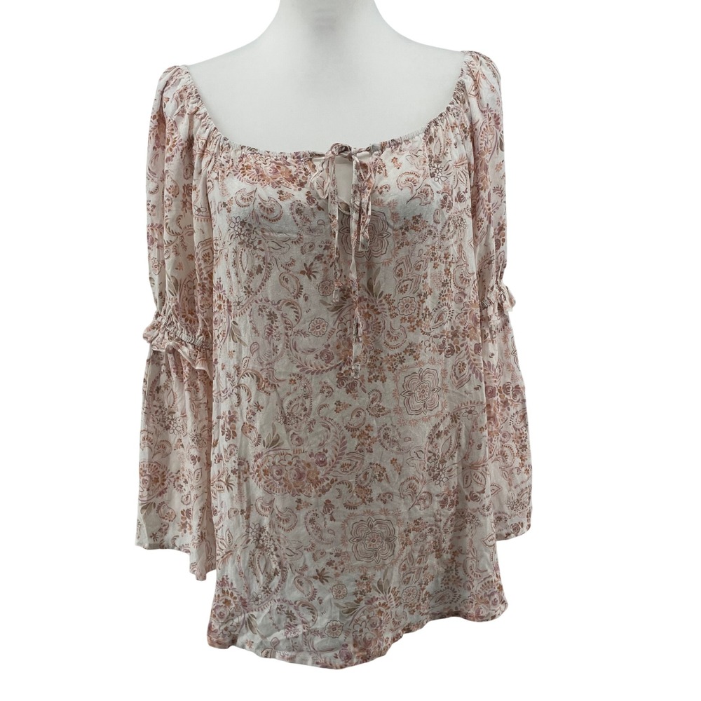 Peasant Blouse Womens Medium Pink Paisley Boho‎ Bell Sleeve Cottagecore Ethereal